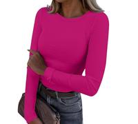 Camisetas Manga Corta Mujer,Women's Spring and Summer Pure Color Stripes High Elastic Long Sleeved Undershirt Top Blusa Manga Larga (Hot Pink, XXL),