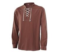 Camisetas Manga Larga Cuellos de Banda de Verano Tops Camisa Casual de Algodón Retro para Hombres Manga Larga con Cordones Estilo Medieval Wikingo y Pirata Disfraz para Halloween