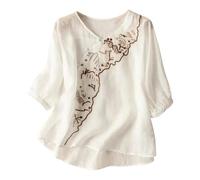 Camisetas Manga Larga Mujer,Algodón y Lino Camisetas Basicas Manga 3/4 con Botón Informal Estilo Literario Primavera Otoño Blusas Original Cuello Redondo Bordado Tops Shirt tee Camisa Ligero