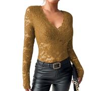 Camisetas Manga Larga Mujer Cuello Cuadrado Baratas Clásico Blusas Mujer Patchwork Top Otoño Basica Ropa Otoño Cuello De Columpio Encaje Elegante Slim Fit Navidad 2#Amarillo terroso XL 2025