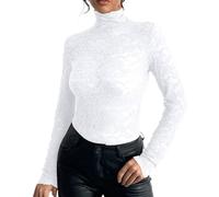 Camisetas Manga Larga Mujer Cuello De Columpio Basica Sexy Blusa Mujer Encaje Top Invierno Deporte Ropa Otoño Cuello Redondo Patchwork Clásico Slim Fit Navidad 2#Blanco L 2025