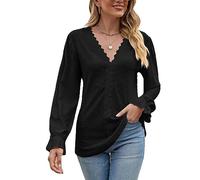 Camisetas Manga Larga per Mujer Túnica Blusa Cuello V Manga Larga Top Mujer Casual Camiseta Mangas Largas Top de Encaje Elegantes(Nero L)