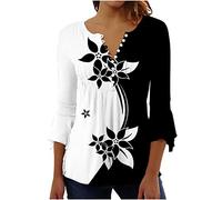 Camisetas Mujer 3/4 Manga,Camiseta Túnica Larga Camisetas Cuello en V con Botones Casual Blusa Mujer Floral Estampado Blusas Informal Primavera Verano Multicolor Corte Suelto Ligera Tops