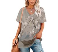 Camisetas Mujer Manga Corta, Camiseta de Verano Antigua Nave Ramas De Ciruelo En Flor Camisa Cuello en V Pintura De Paisajes Tradicional Basicas T-Shirt Casual Suelta Ligero Túnica Camisetas S-5XL