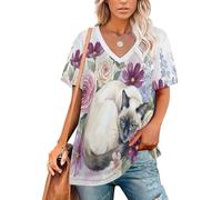 Camisetas Mujer Manga Corta, Camiseta de Verano Gato Siamés Acurrucado Entre Los Arbustos De Flores. Camisa Cuello en V Estilo Acuarela Basicas T-Shirt Casual Suelta Ligero Túnica Camisetas S-5XL