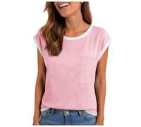 Camisetas Mujer Manga Corta Verano Cuello Redondo Punto De Canalé Gofre con Bolsillo Bicolor Bloque De Color Tunica Informal Ligera Elegante Primavera Talla Grande (XXL)