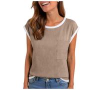 Camisetas Mujer Manga Corta Verano Cuello Redondo Punto De Canalé Gofre con Bolsillo Bicolor Bloque De Color Tunica Informal Ligera Elegante Primavera Talla Grande (Beige-C, XXL)