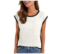 Camisetas Mujer Manga Corta Verano Cuello Redondo Punto De Canalé Gofre con Bolsillo Bicolor Bloque De Color Tunica Informal Ligera Elegante Primavera Talla Grande (White-C, M)