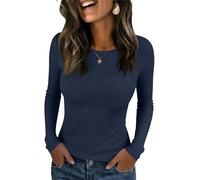Camisetas Mujer Manga Larga Color Liso Cuello Redondo - Moda Mujer Primavera Elegante Trabajo, Camiseta Slim Fit Exquisito Suave, Top Ocasiones Informales Y Profesionales Marina M