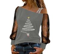 Camisetas Mujer sin Hombros Encaje Manga Larga Casual Camiseta de Navidad Estampado Camisa Elegante Diseño Festivo Jersey Cuello Redondo Deportivo Navidad, O gris., L