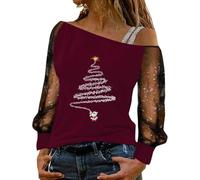 Camisetas Mujer sin Hombros Encaje Manga Larga Casual Camiseta de Navidad Estampado Camisa Elegante Diseño Festivo Jersey Cuello Redondo Deportivo Navidad, O Vino, XL