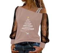 Camisetas Mujer sin Hombros Encaje Manga Larga Casual Camiseta de Navidad Estampado Camisa Elegante Diseño Festivo Jersey Cuello Redondo Deportivo Navidad, O rosa., S