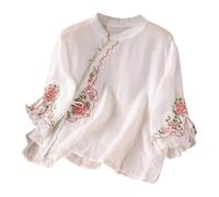 Camisetas Mujer Talla Grande Camiseta De con Estilo Literario Manga Y Solapa Lino Bordada Camisas Interiores Corta Blusa Blusas (White, XXXL)