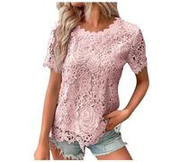Camisetas Mujer Tops Blusa Tank Mujer Top de Encaje Crochet Cuello Redondo Manga Corta Moda Verano Casual Camiseta, Rosa., L