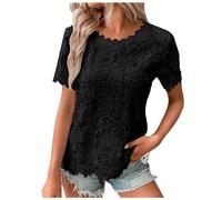 Camisetas Mujer Tops Blusa Tank Mujer Top de Encaje Crochet Cuello Redondo Manga Corta Moda Verano Casual Camiseta, Negro , XL