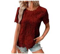 Camisetas Mujer Tops Blusa Tank Mujer Top de Encaje Crochet Cuello Redondo Manga Corta Moda Verano Casual Camiseta, Vino, S
