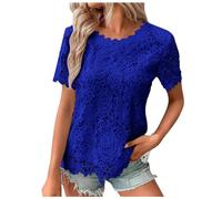 Camisetas Mujer Tops Blusa Tank Mujer Top de Encaje Crochet Cuello Redondo Manga Corta Moda Verano Casual Camiseta, azul, S