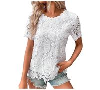 Camisetas Mujer Tops Blusa Tank Mujer Top de Encaje Crochet Cuello Redondo Manga Corta Moda Verano Casual Camiseta, Blanco, M