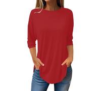 Camisetas Mujer,Women's Pure Color Fashionable Casual Round Neck and Three Quarter Sleeve Top Camiseta Calaveras (Red, S),