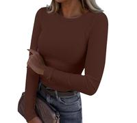 Camisetas Mujer,Women's Spring and Summer Pure Color Stripes High Elastic Long Sleeved Undershirt Top Blusa Manga Larga (Brown, XL),