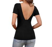 Camisetas Negro Manga Corta Mujer Cuello Cuadrado con Espalda Descubierta Blusas Mujer Verano Elegantes Corte Ajustado Top Sexy Moda Casual Y2K XL