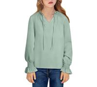 Camisetas niña,Camisa de Manga Larga de Color Liso con Cuello en V para niñas de 3 a 14 años Short Top (Green3-4 Years)