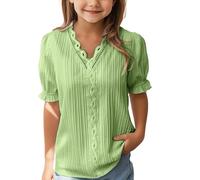 Camisetas niña,Camisa Elegante de Encaje Liso para niñasblusa Holgada Informal de Verano con Cuello en Va la de Color lisocon Mangas Top De (Mint Green7-8 Years)