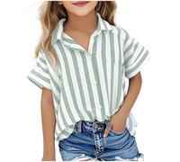 Camisetas niña,Camisas de Lino y algodón de Verano para niñasblusas a para niñoscamisa con Cuello en V y solapablusas Casuales holgadascamisetas Top Transparente (Green9-10 Years)