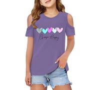Camisetas Niña Manga Corta Cuello Verano Elegantes Comodos Camiseta Adolescente Niña Fuera De Los Hombros Impresión De Amor Holgados Comodo Otoño Casual Deporte Ligera Blusa Tops (Purple, 3-4Years)