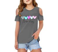 Camisetas Niña Manga Corta Cuello Verano Elegantes Comodos Camiseta Adolescente Niña Fuera De Los Hombros Impresión De Amor Holgados Comodo Otoño Casual Deporte Ligera Blusa Tops (Grey, 11-12Years)