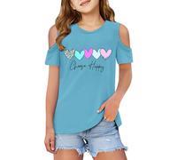 Camisetas Niña Manga Corta Cuello Verano Elegantes Comodos Camiseta Adolescente Niña Fuera De Los Hombros Impresión De Amor Holgados Comodo Otoño Casual Deporte Ligera Blusa Tops (Sky Blue, 4-5Years)
