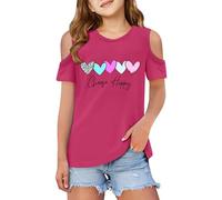 Camisetas Niña Manga Corta Cuello Verano Elegantes Comodos Camiseta Adolescente Niña Fuera De Los Hombros Impresión De Amor Holgados Comodo Otoño Casual Deporte Ligera Blusa Tops (3-4Years)