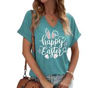 Camisetas para el día de Pascua para mujer con texto en inglés "He is Risen", camiseta con estampado de conejo, blusa, V-cian, S
