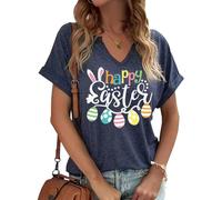 Camisetas para el día de Pascua para mujer con texto en inglés "He is Risen", camiseta con estampado de conejo, blusa, azul (V-Blue), XL