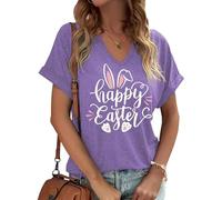 Camisetas para el día de Pascua para mujer con texto en inglés "He is Risen", camiseta con estampado de conejo, blusa, V-Púrpura, Large
