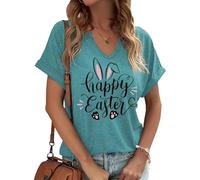 Camisetas para el día de Pascua para mujer con texto en inglés "He is Risen", camiseta con estampado de conejo, blusa, V-cian-1, M