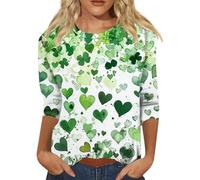 Camisetas para el Día de San Patricio para mujer, talla grande, estampado de tréboles de Irlanda, con estampado de corazón, manga 3/4, camisetas de verano irlandesas para mujer, camisetas casuales
