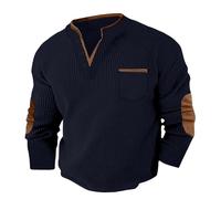 Camisetas para hombre con cuello henley corto de gofre, ligera, transpirable, ajuste holgado, sudadera de manga larga, para golf, trabajo, polo, para hombre, Reino Unido, azul marino, L
