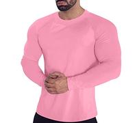 Camisetas para hombre de verano del Reino Unido Fitness Deportes de secado rápido de manga larga Camiseta de cuello redondo de color sólido con fondo elástico Ropa para hombre, rosa, L