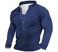 Camisetas para hombre del Reino Unido con botones y cuello en V, ligeras, transpirables, de manga larga, para primavera y otoño, cómodas, ajustadas, azul oscuro, L
