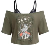 Camisetas para mujer Emo Grunge - Vintage Y2K falsa 2 piezas gráfico de rana camiseta gótica estética manga corta hombros fuera de la camiseta corta Alt Streetwear Punk verano Harajuku, multicolor, M