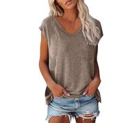 Camisetas para mujer Verano Color sólido Cuello en V Camiseta Elegante Casual Deportiva Camiseta Mujeres Top Básico Blanco Suelto Verano Camisetas de Manga Corta Tops para Mujer, marrón, L