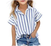 Camisetas para niños con cuello en V, manga corta, botón frontal, con cuello rayado y bolsillos, camisa escolar casual para niñas, ligeras y delgadas, ropa de verano, azul, 7-8 Years