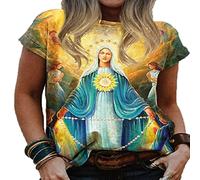 Camisetas Retro con Estampado gráfico para Mujer Verano Nuevas Camisetas de Manga Corta con Cuello Redondo y Estampado de la Santísima Virgen María