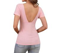 Camisetas Rosa Mujer Manga Corta Cuello Cuadrado con Espalda Descubierta Blusas Mujer Verano Elegantes Corte Ajustado Top Sexy Moda Casual Y2K M