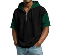 Camisetas Running Hombre - Camiseta Deportiva Informal de Manga Corta con Capucha y Media Cremallera en Color de Contraste para Uso en la Calle y el Gimnasio (Black2 M)