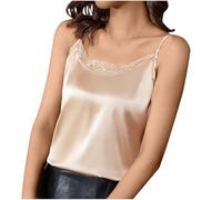 Camisetas sin Manga Mujer Seda Verano Moda Color sólido Encaje Camisola Chaleco Elegante Camisetas de Tirantes Tank Tops Cuello Redondo Fiesta Suelto Basic tee Talla Grande