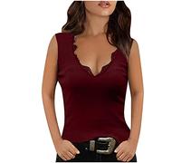 Camisetas sin Manga Mujer Verano Moda Color sólido Casual Cuello en V Encaje Goth Punk Chaleco Camisola Sexy Camisetas de Tirantes Tank Tops Fiesta Playa Camisa Slim Fit tee