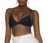 Camisetas sin mangas con purpurina para mujer, Tops cortos calados con diamantes de malla sexy negros, Tops cortos transparentes con tachuelas de diamantes de imitación para atuendo Rave de club
