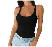 Camisetas sin Mangas con Tirantes y Cuello para Mujer, Camisola de algodón Ajustada, Camisas básicas sin Mangas con Capas (Black, L)